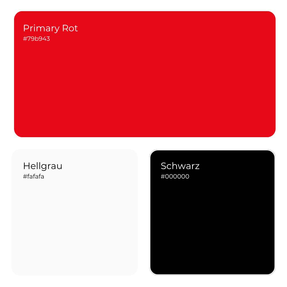 Farbpalette von Carpolish Cleaning mit drei Farben: Primary Rot (#79b943) dargestellt als große rote Fläche, Hellgrau (#fafafa) und Schwarz (#000000).