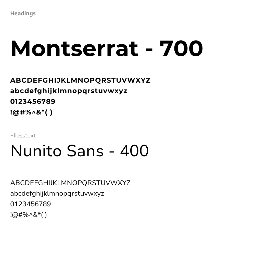 Schriftkonzept für Carpolish Cleaning mit den Schriften Montserrat in Stärke 700 für Überschriften und Nunito Sans in Stärke 400 für Fließtext. Beide Schriftarten werden in Groß- und Kleinbuchstaben, Zahlen und Sonderzeichen dargestellt.