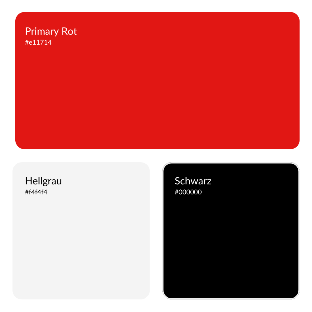 Farbpalette mit drei Farben: Primary Rot (#e11714) dargestellt als große rote Fläche, Hellgrau (#f4f4f4) und Schwarz (#000000).