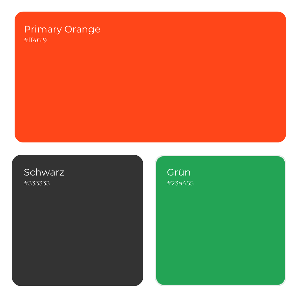 Farbpalette von Cramolin mit drei Farben: Primary Orange (#ff4619) als große Fläche, Schwarz (#333333) und Grün (#23a455).