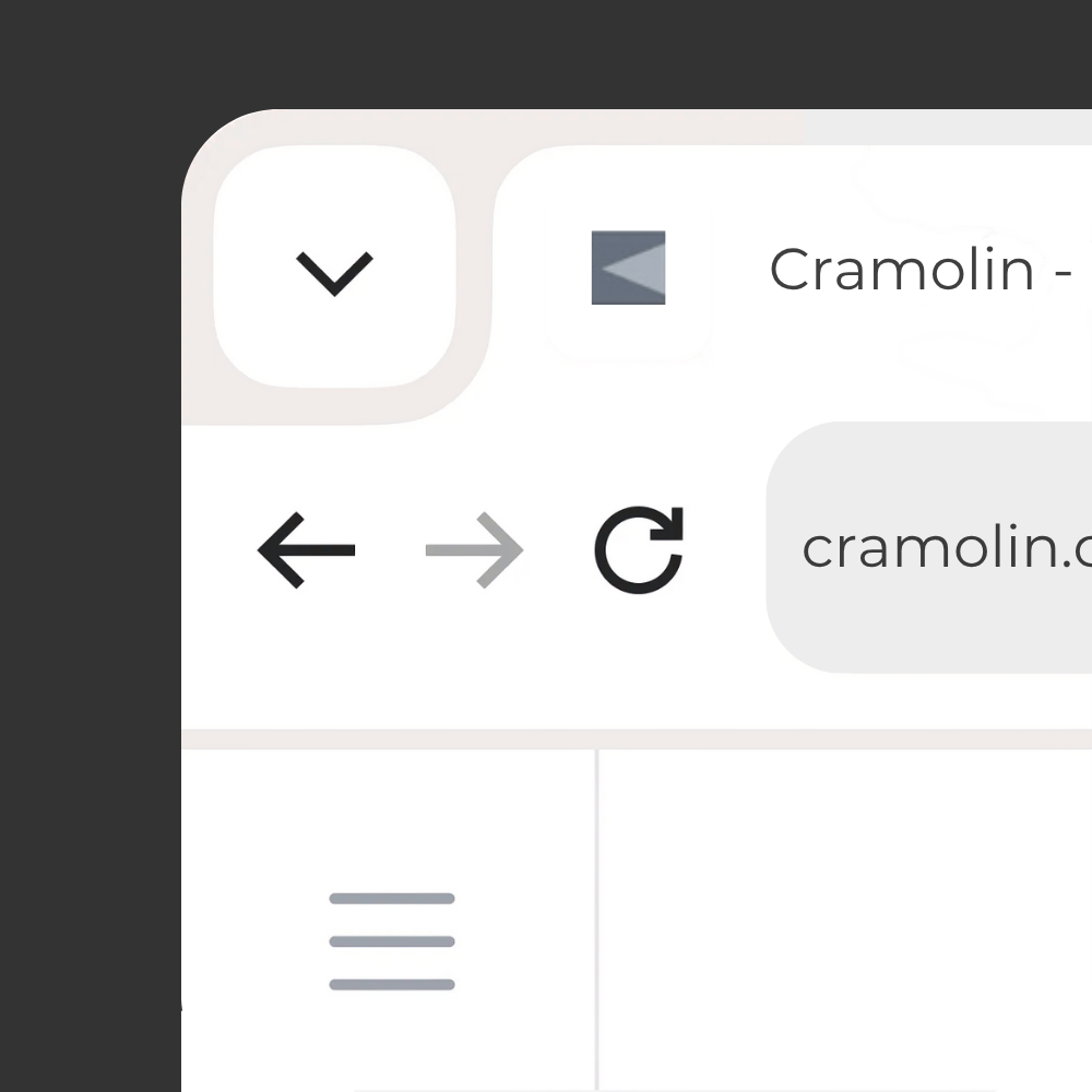Browseransicht mit dem Favicon von Cramolin – ein graues, nach rechts zeigendes Pfeilsymbol auf weißem Hintergrund – neben dem Website-Titel und der URL cramolin.ch.