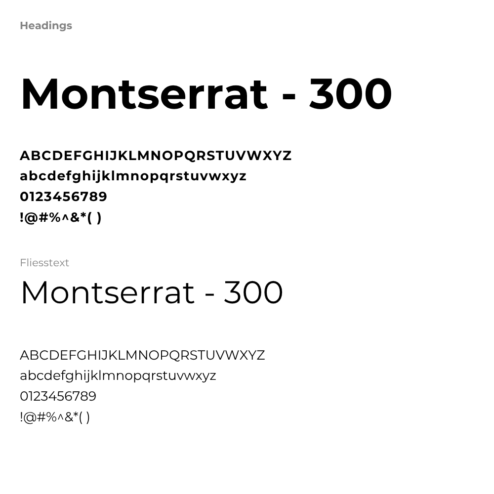 Schriftkonzept für Cramolin mit der Schriftart Montserrat. Sowohl Überschriften als auch Fließtext verwenden Montserrat in der Stärke 300. Beide Varianten zeigen Groß- und Kleinbuchstaben, Zahlen sowie Sonderzeichen.
