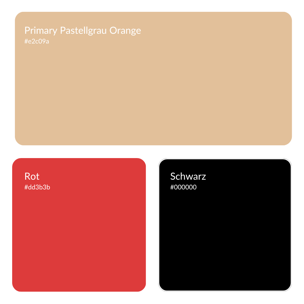 Farbpalette des Corporate Designs von ehrat fire. Sie zeigt drei Hauptfarben: ein warmes Pastellgrau-Orange (#e2c09a) als Primärfarbe, ein kräftiges Rot (#dd3b3b) und tiefes Schwarz (#000000).
