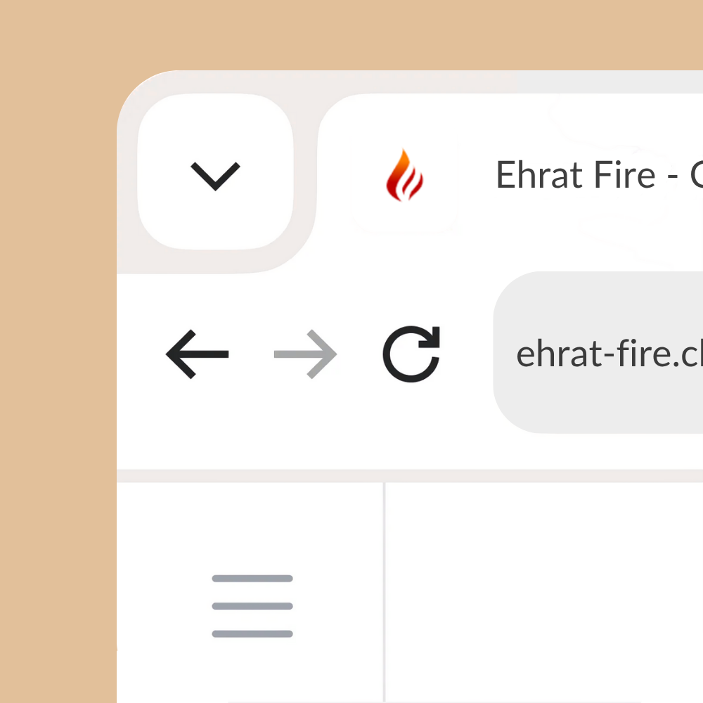 Darstellung des Browser-Fensters mit dem Favicon von ehrat fire: eine stilisierte, rot-orange Flamme auf weißem Hintergrund. Rechts daneben steht der Seitentitel „Ehrat Fire – …“ sowie die URL „ehrat-fire.ch“. Der Hintergrund des Browserausschnitts ist in einem warmen Beigeton gehalten.