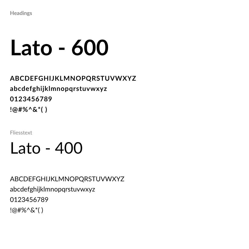 Typografie-Übersicht des Corporate Designs von ehrat fire. Für Überschriften wird die Schriftart Lato mit der Stärke 600 verwendet, für Fließtexte Lato mit der Stärke 400. Beide Varianten zeigen Groß- und Kleinbuchstaben, Zahlen sowie Sonderzeichen auf weißem Hintergrund.