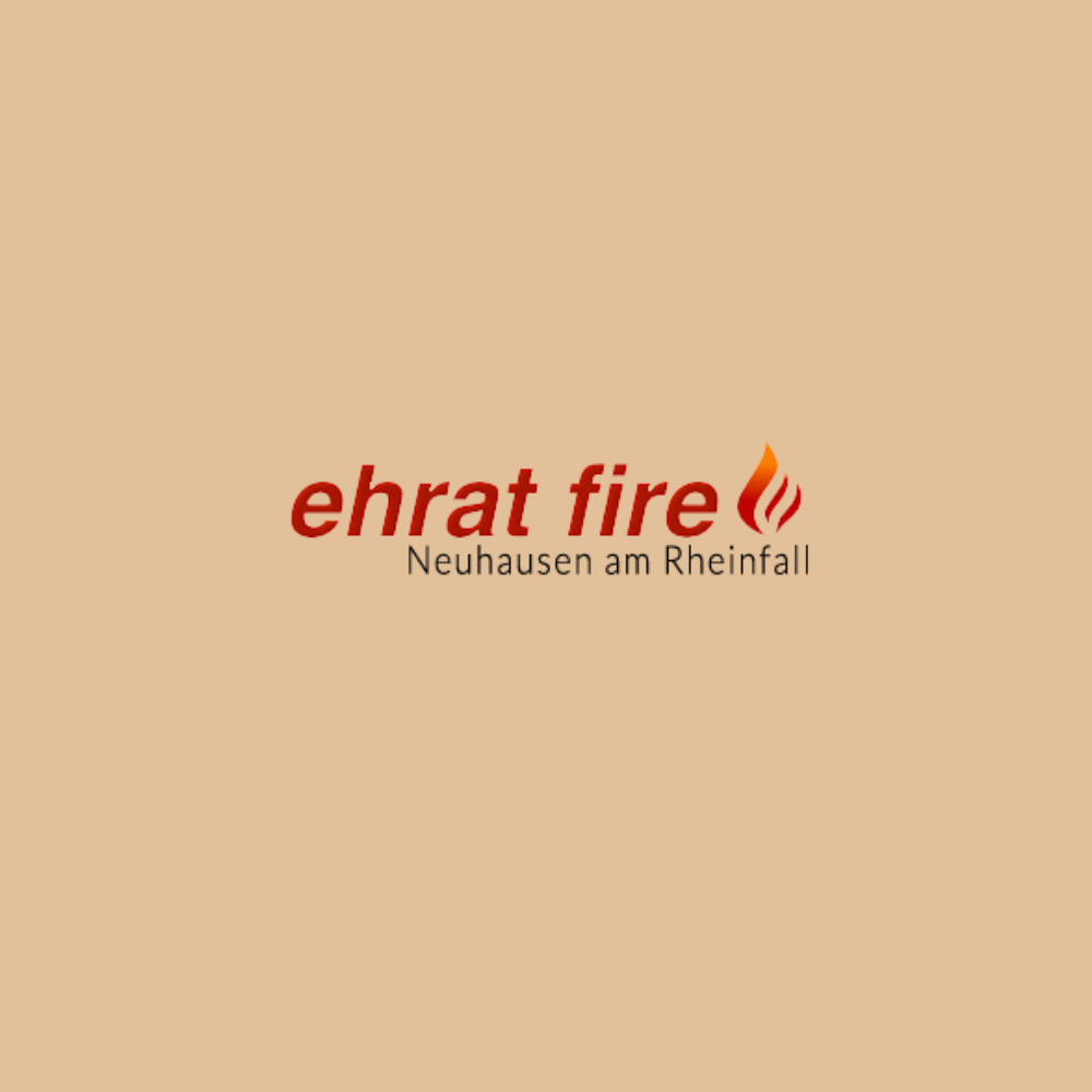Logo von ehrat fire aus Neuhausen am Rheinfall. Der Schriftzug „ehrat fire“ ist in roter Schrift gestaltet, begleitet von einer stilisierten orange-roten Flamme rechts daneben. Darunter steht in schwarzer Schrift der Standort „Neuhausen am Rheinfall“ auf beigem Hintergrund.