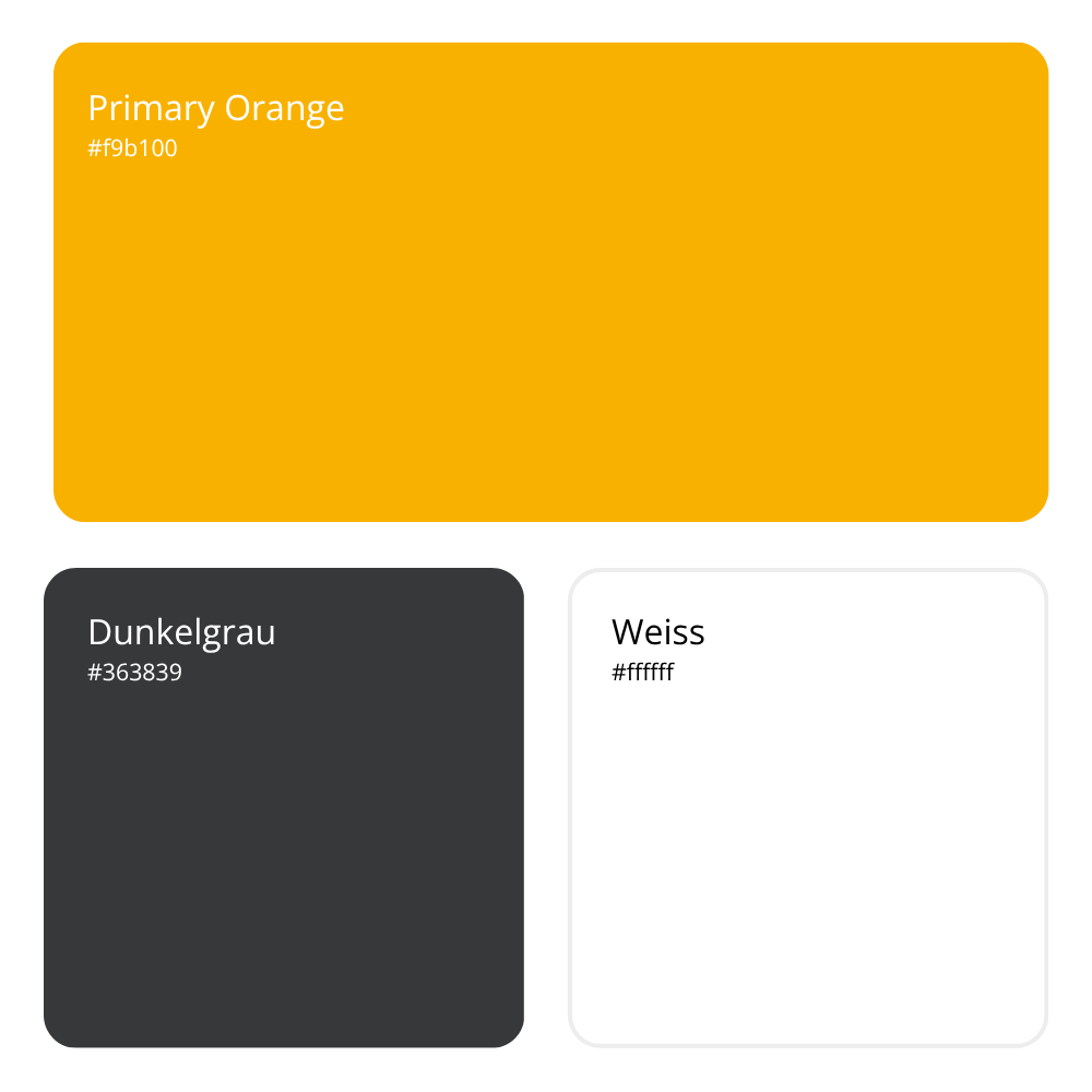 Farbpalette von electronic metals mit drei Farben: oben ein kräftiges Primary Orange (#f9b100), unten links Dunkelgrau (#363839) und unten rechts Weiss (#ffffff). Die Farben sind in rechteckigen Flächen mit abgerundeten Ecken dargestellt.