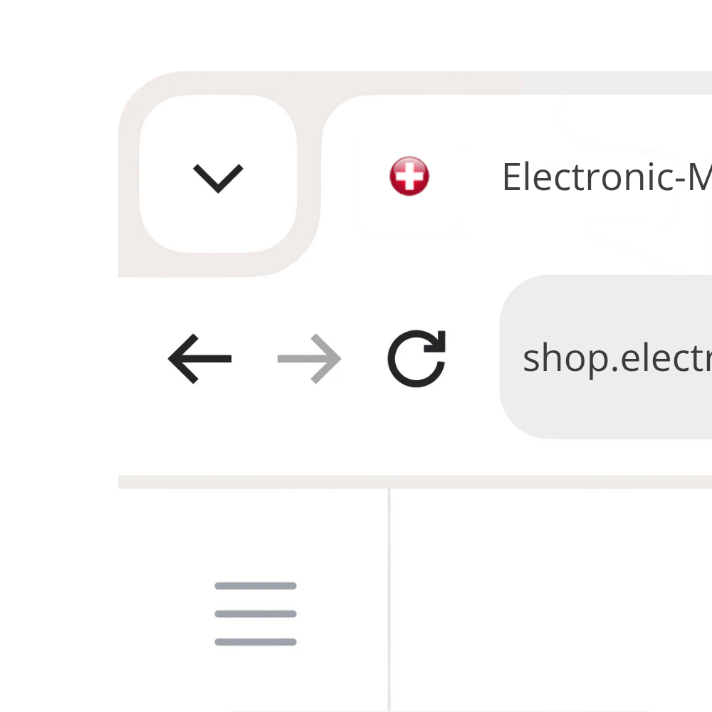 FavIcon von electronic metals: Ein roter Kreis mit einem weißen Schweizer Kreuz in der Mitte, dargestellt in der Browser-Tab-Leiste neben der URL shop.electronic-metals.ch.