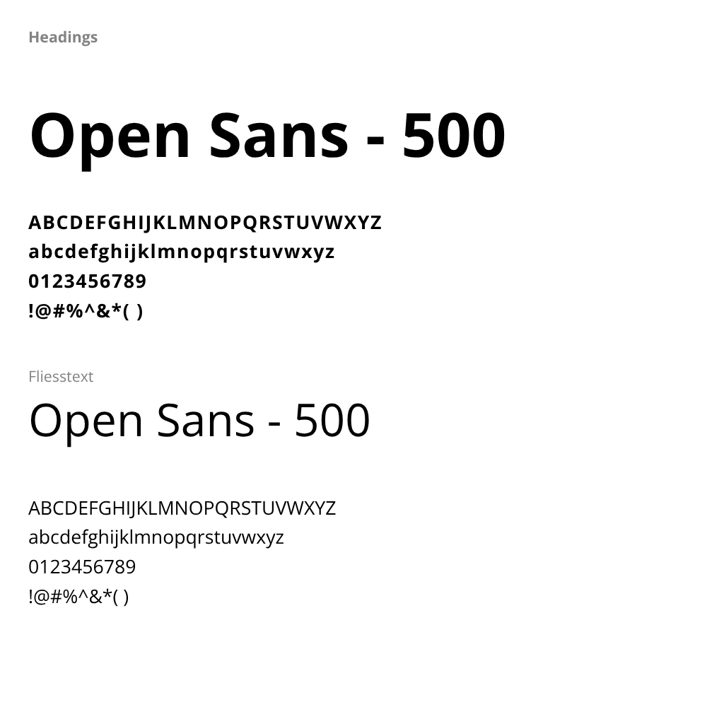 Schriftmuster der Schriftart Open Sans für electronic metals. Überschrift in Open Sans – 500 mit Groß- und Kleinbuchstaben, Zahlen und Symbolen. Darunter Fließtext ebenfalls in Open Sans – 500, angezeigt mit identischen Zeichenbeispielen. Das Layout zeigt die klare, moderne und gut lesbare Typografie.