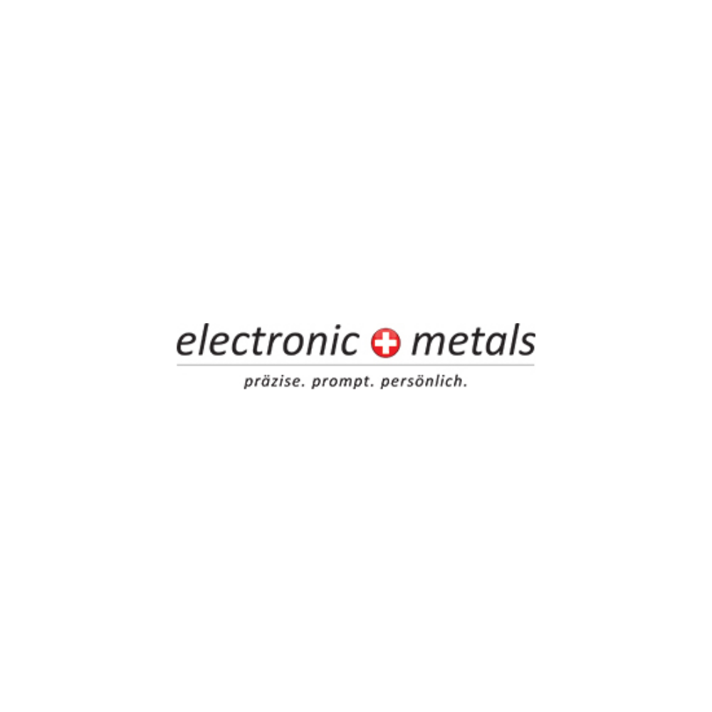 Logo von electronic metals: Der Schriftzug zeigt „electronic“ und „metals“ in grauer, kursiver Schrift, getrennt durch ein rotes Schweizer Kreuz-Symbol in einem Kreis. Darunter steht der Slogan „präzise. prompt. persönlich.“ in kleiner grauer Schrift, unterstrichen von einer feinen grauen Linie. Der Hintergrund ist weiß.