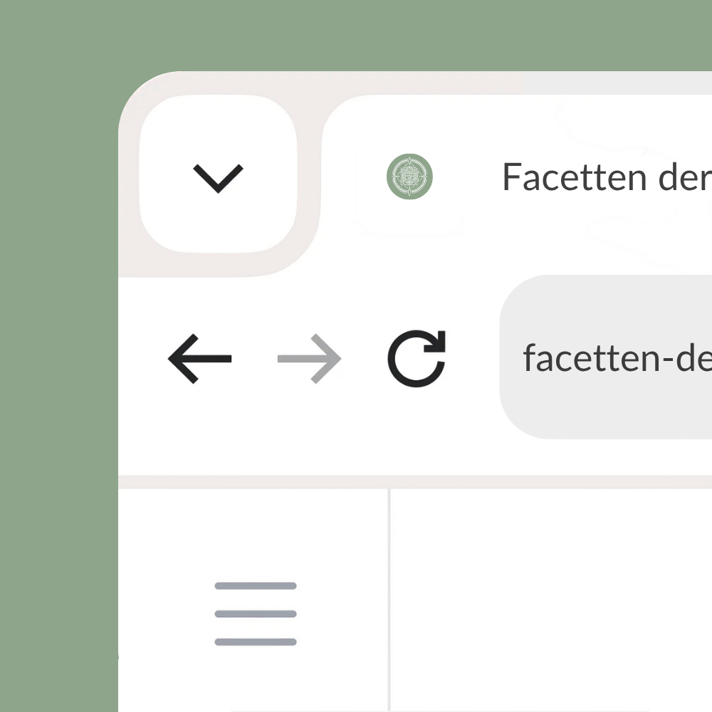 Browser-Ansicht mit dem FavIcon von Facetten der Seele – ein rundes, ornamentales Mandala-Symbol in hellem Weiß auf graugrünem Hintergrund – neben der URL facetten-der-seele.ch. Das Design wirkt ruhig und harmonisch.