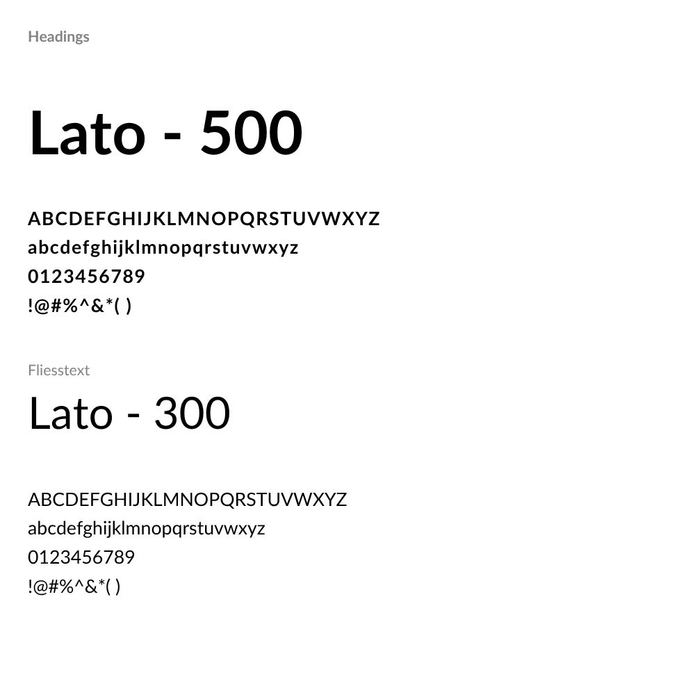 Typografieübersicht für Facetten der Seele mit der Schriftart Lato in zwei Gewichtungen: Überschriften in Lato 500 (mittlere Stärke) und Fließtext in Lato 300 (leicht). Gezeigt werden Groß- und Kleinbuchstaben, Ziffern sowie Sonderzeichen auf weißem Hintergrund.