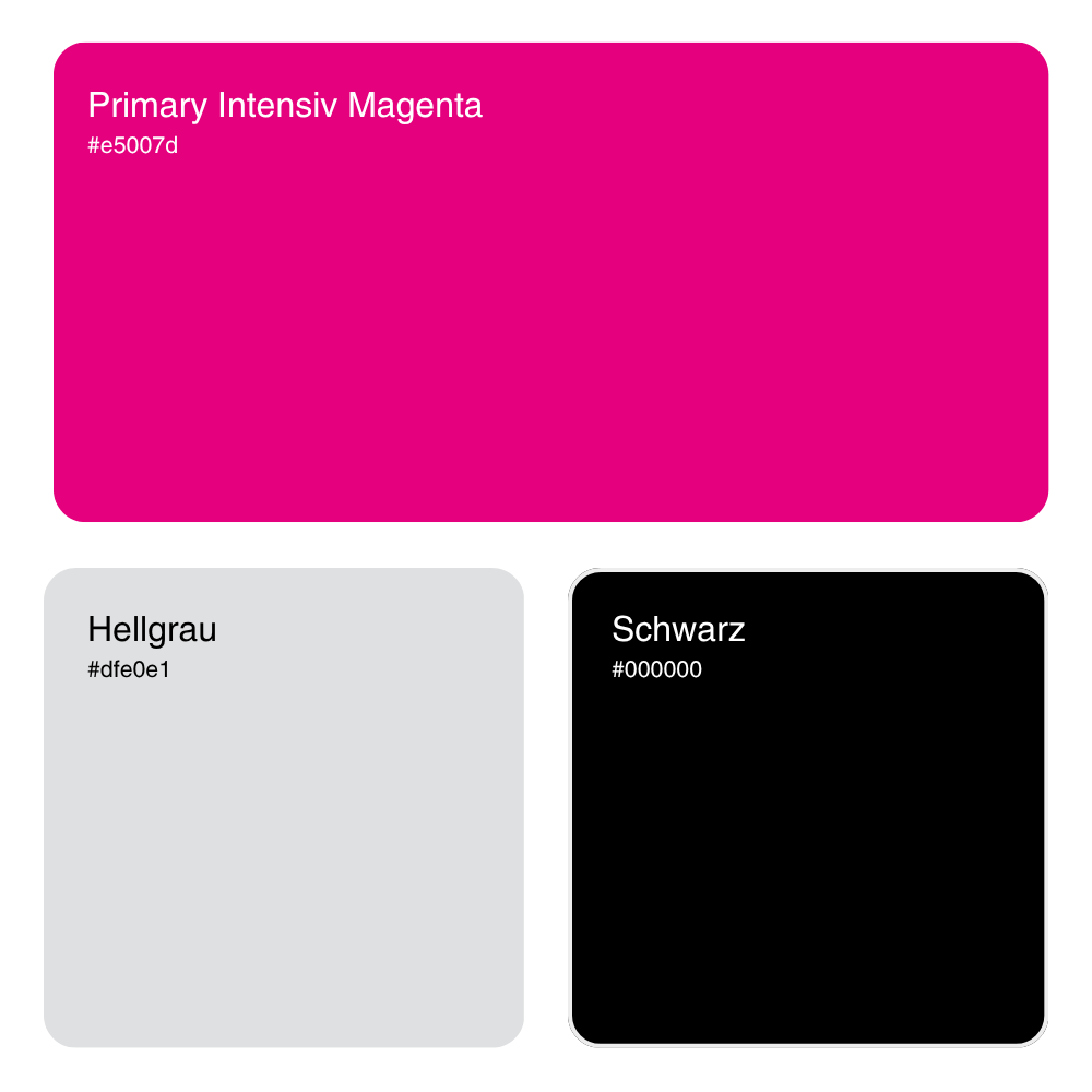 Farbpalette der Fällag AG bestehend aus drei Farbfeldern: oben ein kräftiges Intensiv-Magenta (#e5007d) als Primärfarbe, unten links Hellgrau (#dfe0e1) und unten rechts Schwarz (#000000). Alle Farbfelder sind mit abgerundeten Ecken gestaltet und beschriftet.