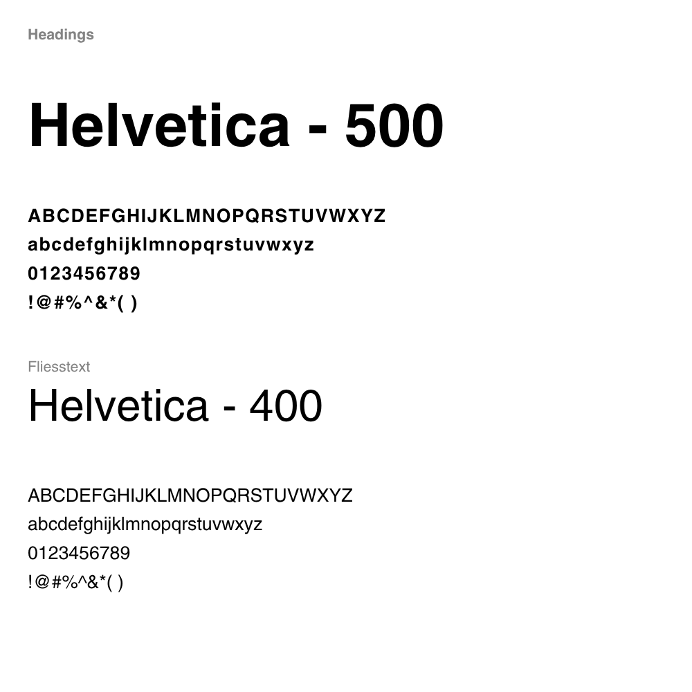 Typografieübersicht der Fällag AG mit der Schriftart Helvetica. Für Überschriften wird Helvetica 500 (mittlere Stärke) gezeigt, für Fließtext Helvetica 400 (normale Stärke). Beide Varianten werden mit Groß- und Kleinbuchstaben, Zahlen sowie Sonderzeichen dargestellt. Der Stil ist klar, modern und sachlich.
