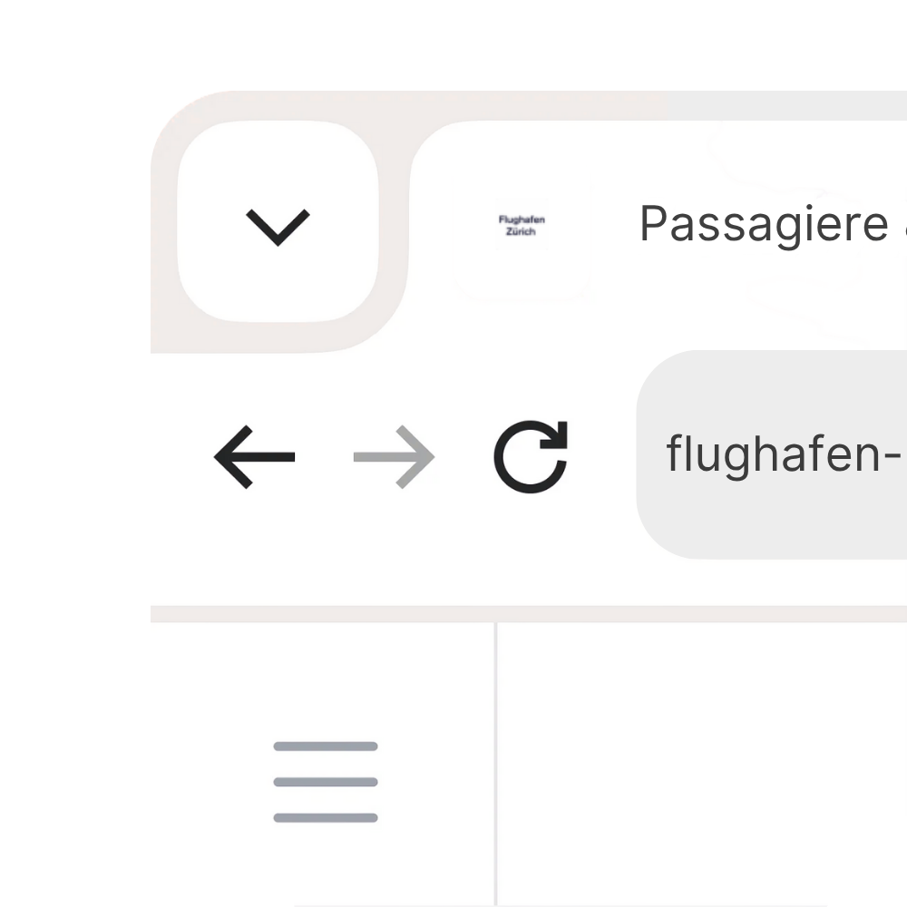 Browseransicht mit dem FavIcon des Flughafen Zürich, einem kleinen Logo mit der blauen Schrift „Flughafen Zürich“ auf weißem Hintergrund, sichtbar in der Tab-Leiste neben der URL der Website.