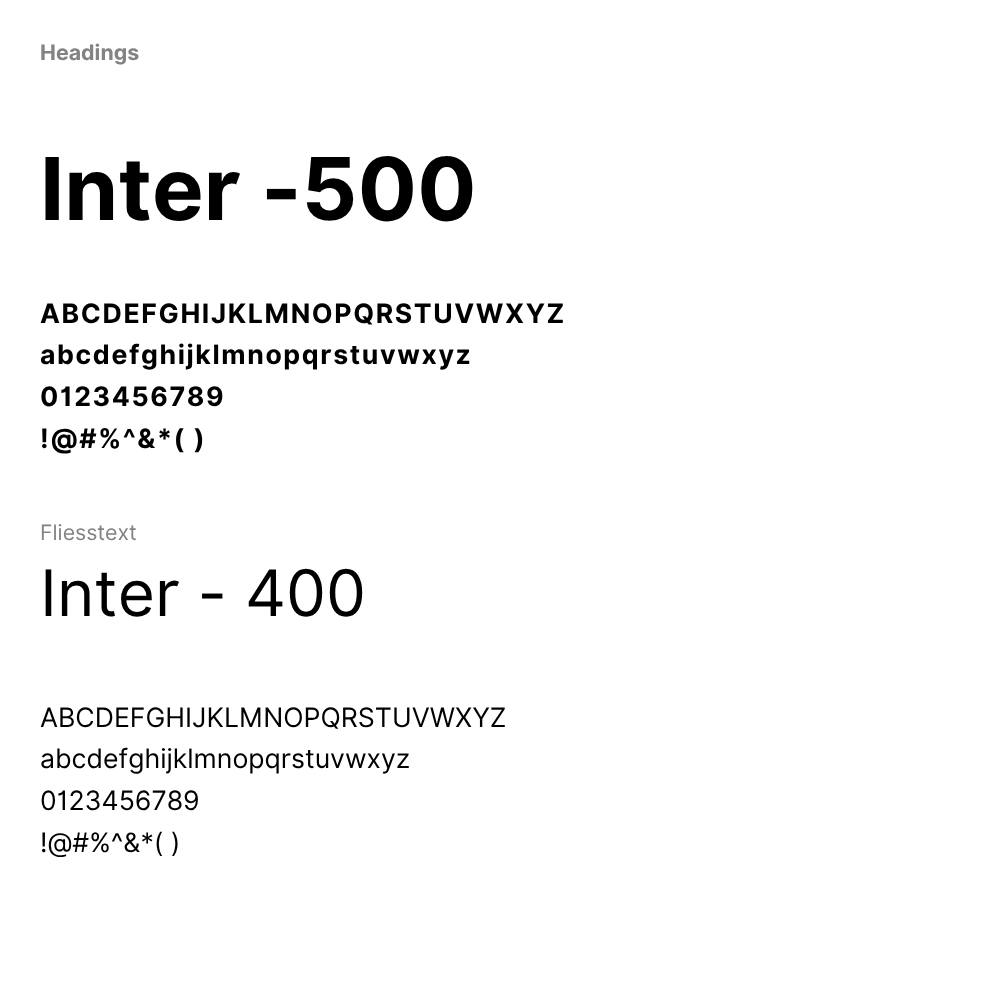 Typografie-Übersicht des Flughafen Zürich Designs mit der Schriftart „Inter“. Für Überschriften wird Inter in Gewicht 500 und für Fließtext in Gewicht 400 verwendet, dargestellt in Groß- und Kleinbuchstaben, Ziffern und Sonderzeichen auf weißem Hintergrund.