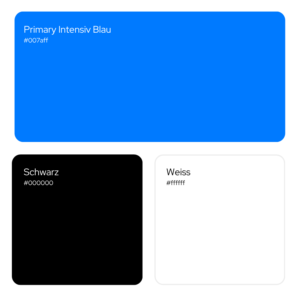 Farbschema des FlyORF Drosophila Injection Service mit drei Hauptfarben: kräftiges Blau (#007aff) als Primärfarbe, Schwarz (#000000) und Weiß (#ffffff) als ergänzende Farben, dargestellt in rechteckigen Farbfeldern mit Beschriftung.