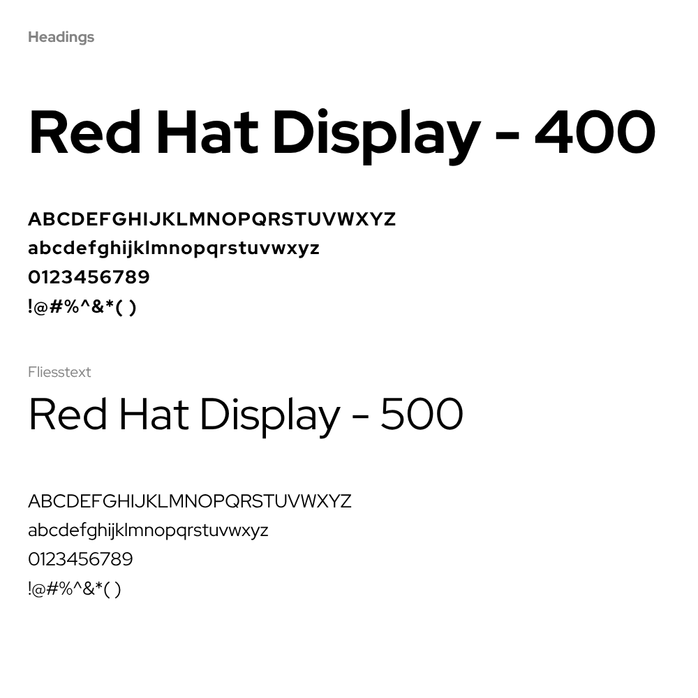 Typografie-Vorlage für das FlyORF Drosophila Injection Service-Design. Überschriften verwenden die Schriftart Red Hat Display mit Schriftstärke 400, während der Fließtext ebenfalls Red Hat Display nutzt, jedoch in Schriftstärke 500. Gezeigt werden Groß- und Kleinbuchstaben, Ziffern sowie Sonderzeichen.