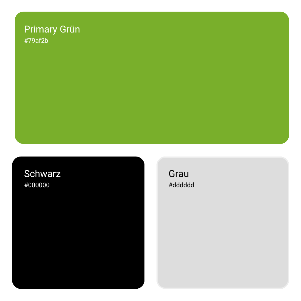 Farbschema für Freeflow Spas mit drei Hauptfarben: ein kräftiges Grün (#79af2b) als Primärfarbe, tiefes Schwarz (#000000) und helles Grau (#dddddd). Die Farben sind in rechteckigen Feldern mit abgerundeten Ecken dargestellt, jeweils mit Farbnamen und Hex-Codes in weißer oder schwarzer Schrift.