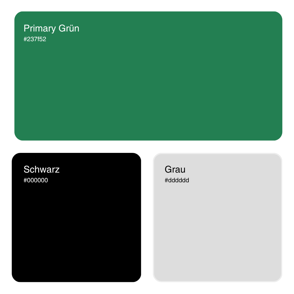 Das Farbkonzept von H. Baumgartner & Sohn AG basiert auf einem kräftigen Grün mit dem Farbcode #237f52 als Primärfarbe. Ergänzt wird es durch Schwarz (#000000) und Grau (#dddddd), was dem Erscheinungsbild eine klare, bodenständige und zugleich moderne Wirkung verleiht.