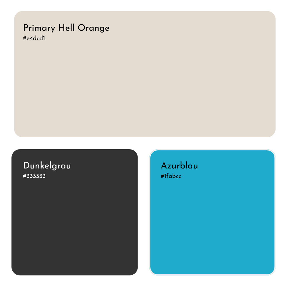 Das Farbkonzept der Haarmanufaktur Nadja Groh kombiniert warme und moderne Töne: Ein helles Beige-Orange (#e4dcd1) als Primärfarbe sorgt für Eleganz und Ruhe, während Dunkelgrau (#333333) Stabilität und Kontrast bietet. Das frische Azurblau (#1fabcc) setzt lebendige Akzente und vermittelt Dynamik sowie Modernität.