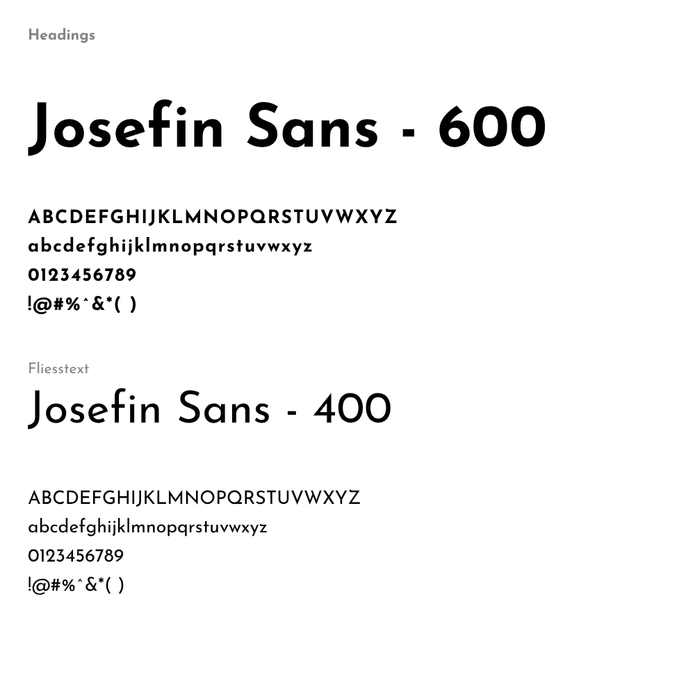 Die Haarmanufaktur Nadja Groh verwendet die Schriftfamilie Josefin Sans: Für Überschriften kommt Josefin Sans 600 zum Einsatz – klar, modern und mit elegantem Charakter. Der Fließtext wird in Josefin Sans 400 gesetzt, was für eine harmonische, gut lesbare und zugleich stilvolle Typografie sorgt.