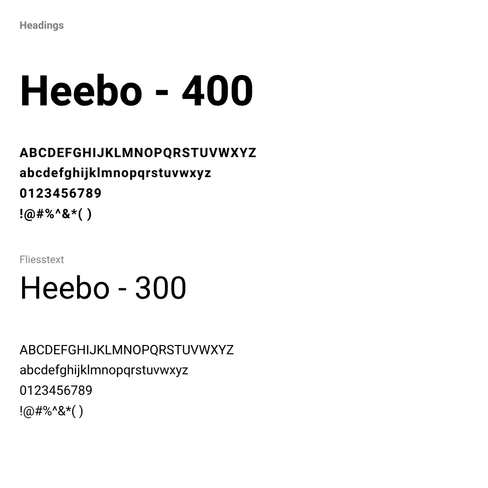 Das Typografiekonzept von Hewoo verwendet die Schriftart Heebo – in 400 für Überschriften und 300 für Fliesstext. Die klare, moderne Sans-Serif-Schrift wirkt offen und professionell, unterstützt eine ruhige Lesbarkeit und verleiht dem Markenauftritt eine zeitgemässe, vertrauensvolle Ausstrahlung.