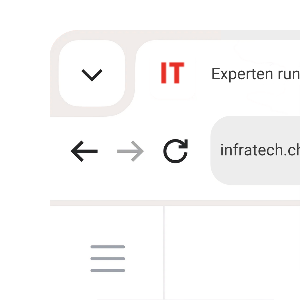Ausschnitt einer Browser-Adressleiste mit dem roten ‚IT‘-Favicon von Infratech neben der URL infratech.ch sowie Navigationssymbolen wie Zurück-, Weiter- und Aktualisieren-Button.