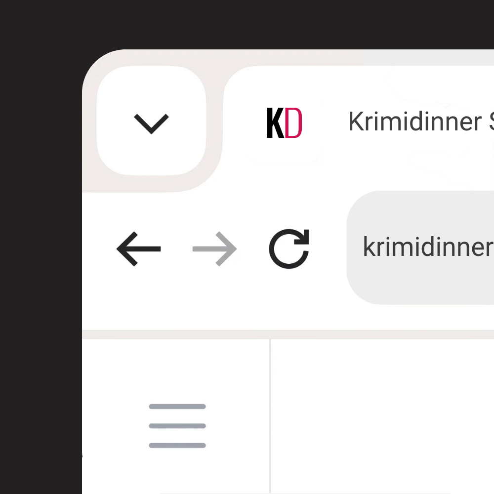Ausschnitt einer Browser-Adressleiste mit dem Krimidinner-Favicon, bestehend aus den Buchstaben K und D, neben dem Seitentitel sowie Navigationssymbolen wie Zurück-, Weiter- und Aktualisieren-Button.