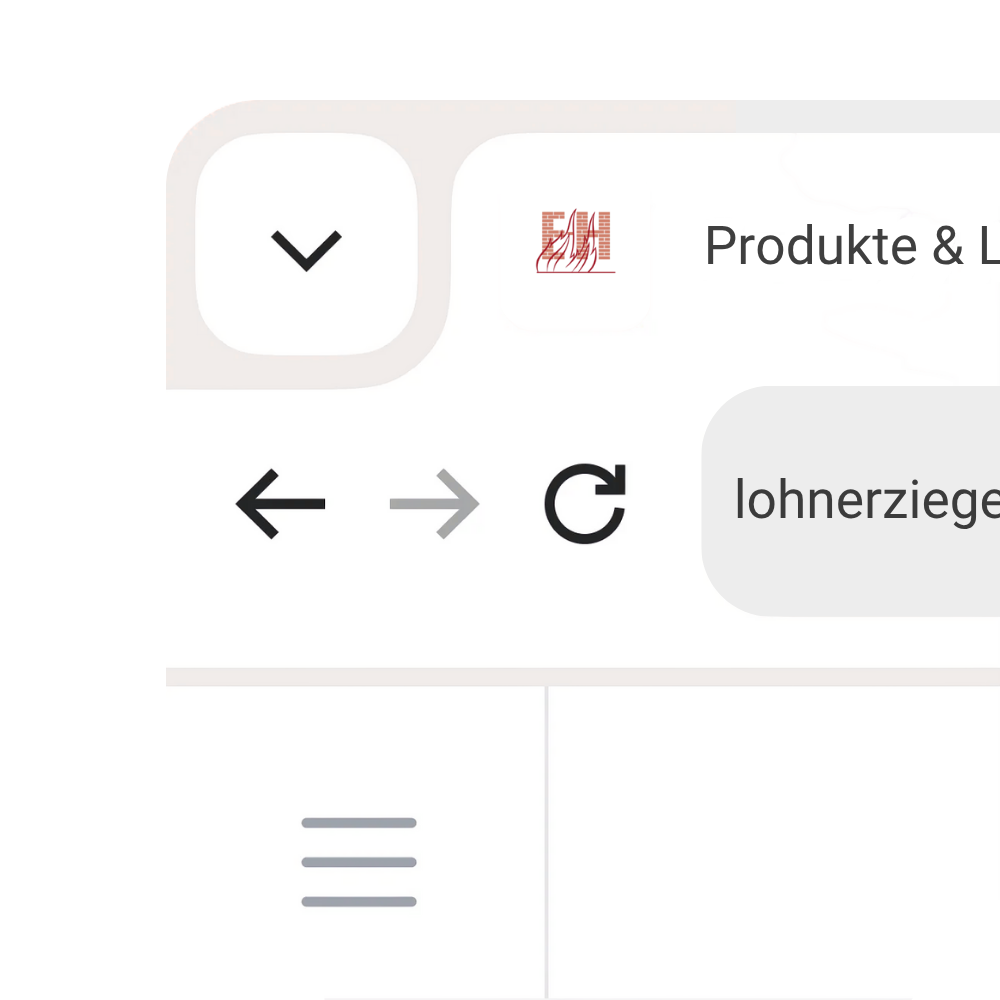Ausschnitt einer Browser-Adressleiste mit dem Lohner-Ziegelei-Favicon, bestehend aus einem roten Ziegel- und Flammensymbol, neben dem Seitentitel sowie Navigationssymbolen wie Zurück-, Weiter- und Aktualisieren-Button.
