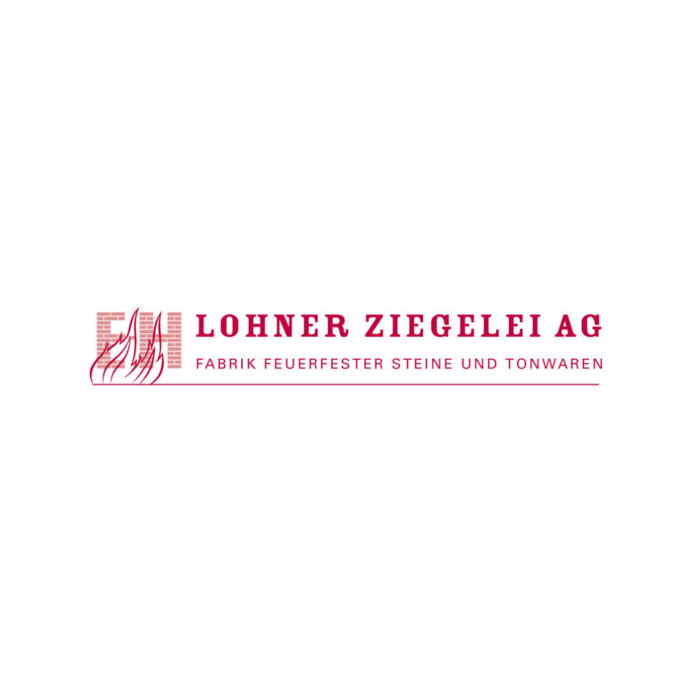Logo mit einer stilisierten roten Ziegel- und Flammenzeichnung links und dem roten Schriftzug LOHNER ZIEGELEI AG, darunter der Zusatz FABRIK FEUERFESTER STEINE UND TONWAREN.