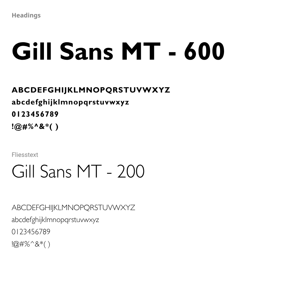 Typografieübersicht mit der Schrift Gill Sans MT, verwendet in den Schriftschnitten 600 für Überschriften und 200 für Fließtext, jeweils mit vollständigem Alphabet und Zeichenbeispielen.