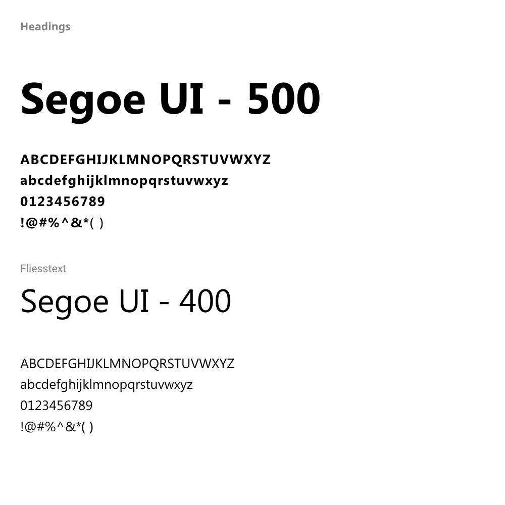 Typografieübersicht mit der Schrift Segoe UI in den Schriftschnitten 500 für Überschriften und 400 für Fließtext, jeweils mit Alphabet, Zahlen und Sonderzeichen.
