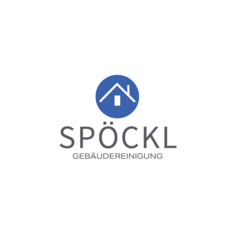 blauer kreis mit einem haus abgebildet darin schwarze schrift spöckel gebäudereinigung auf weissem hintergrund