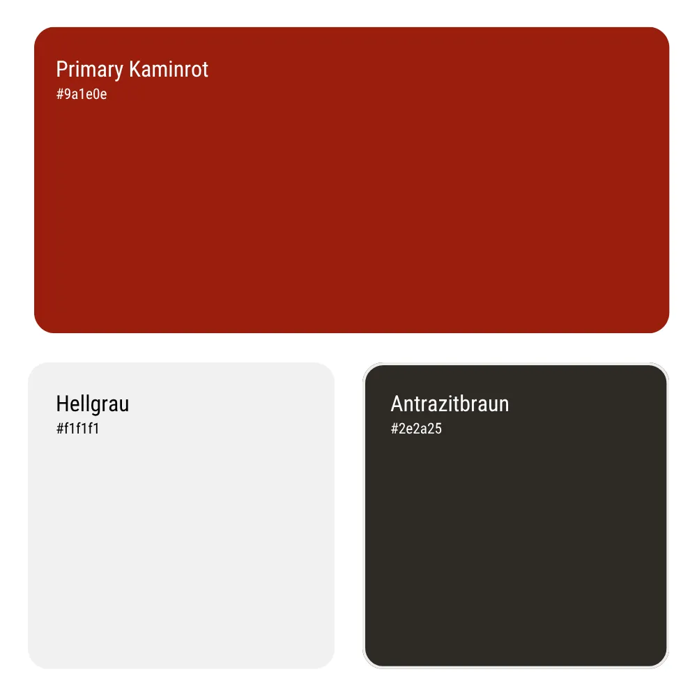 Farbschema mit drei Farben: Oben ein großes Feld in Kaminrot mit der Beschriftung „Primary Kaminrot“ und dem Hex-Code #9a1e0e. Darunter links ein hellgraues Feld mit „Hellgrau“ (#f1f1f1) und rechts ein dunkles anthrazitbraunes Feld mit „Antrazitbraun“ (#2e2a25).