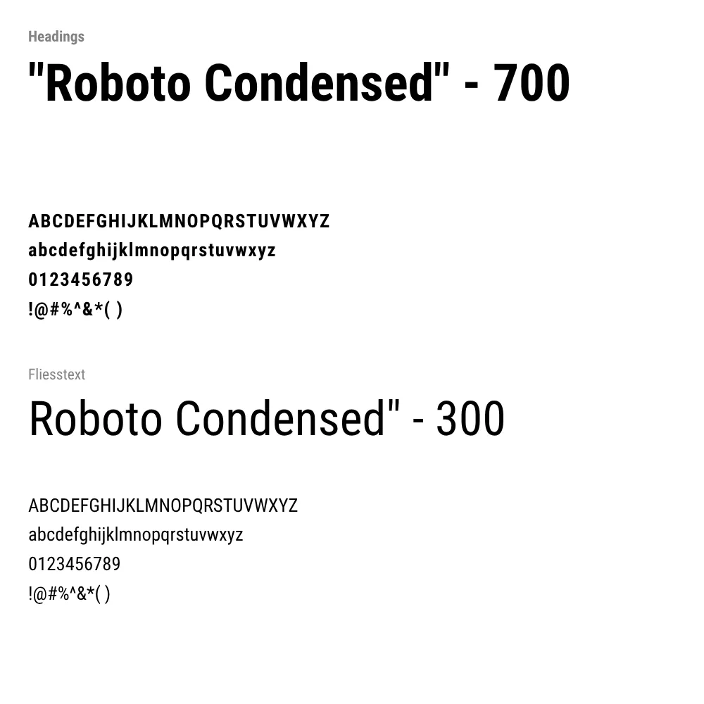 Typografie-Übersicht der Schrift „Roboto Condensed“: Oben unter „Headings“ wird Roboto Condensed in Stärke 700 mit Beispielen für Groß- und Kleinbuchstaben, Zahlen und Sonderzeichen gezeigt. Darunter unter „Fliesstext“ ist Roboto Condensed in Stärke 300 mit denselben Zeichenbeispielen dargestellt.