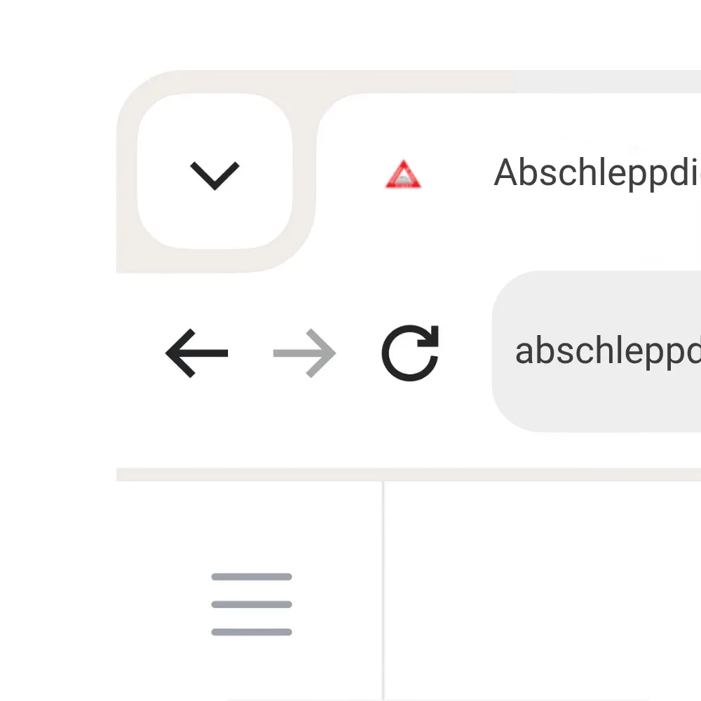 Ausschnitt einer mobilen Browser-Ansicht: Oben links ein Pfeil-Symbol nach unten, daneben ein kleines rotes Warn-Dreieck und ein Tab-Titel. Darunter sind die Symbole für Zurück, Vorwärts und Aktualisieren sowie ein teilweise sichtbares Eingabefeld zu sehen. Am unteren Rand erscheint ein Hamburger-Menü-Icon.