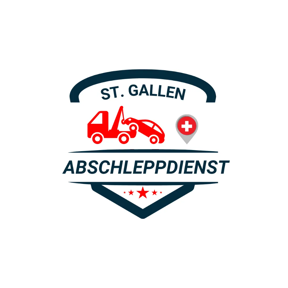 Logo für einen Abschleppdienst: Oben steht „St. Gallen“ in dunkler Schrift, darunter eine rote Illustration eines Abschleppwagens mit einem Auto sowie ein Standort-Pin mit Schweizer Kreuz. Darunter der Schriftzug „Abschleppdienst“. Am unteren Rand befinden sich drei rote Sterne.
