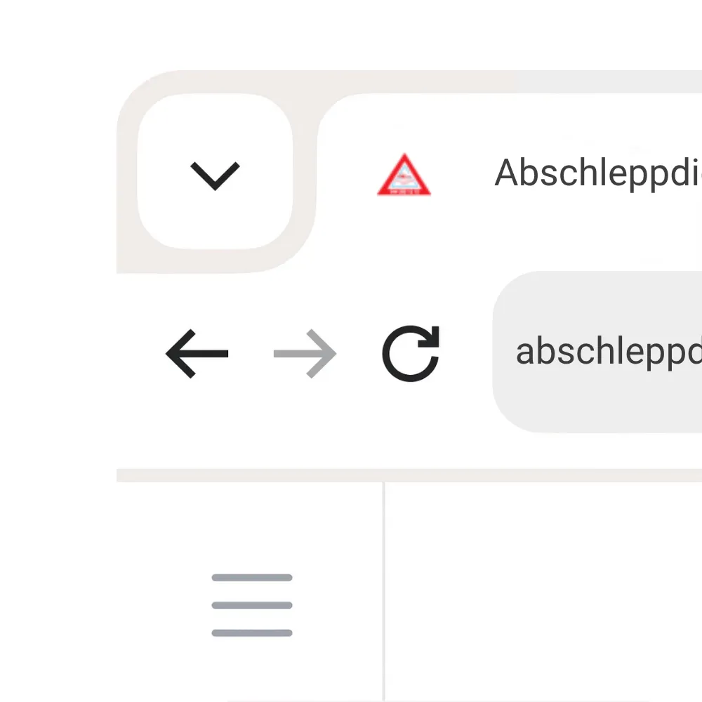 Ausschnitt einer mobilen Browser-Ansicht: Oben links ein nach unten zeigender Pfeil, daneben ein kleines rotes Warn-Dreieck und ein Tab-Titel. Darunter sind die Symbole für Zurück, Vorwärts und Aktualisieren sowie ein teilweise sichtbares Eingabefeld zu sehen. Am unteren Rand erscheint ein Hamburger-Menü-Icon.
