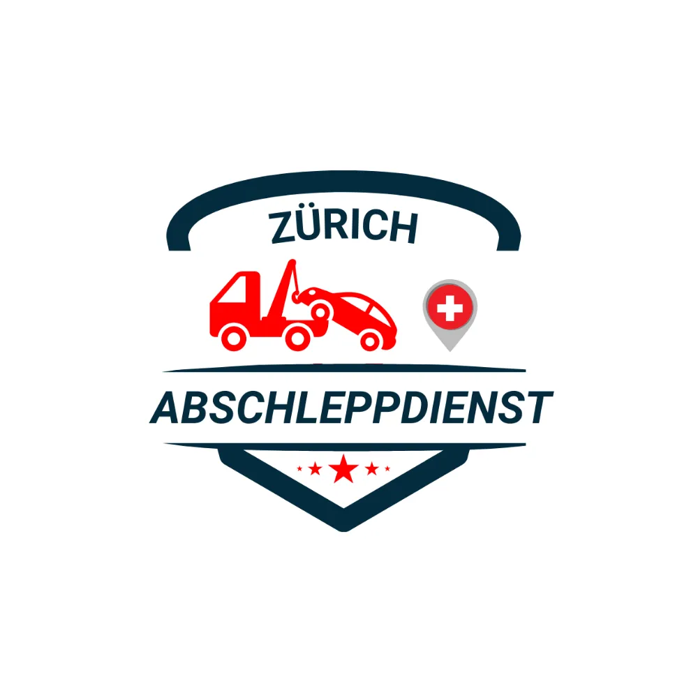 Logo für einen Abschleppdienst: Oben steht „Zürich“ in dunkler Schrift, darunter eine rote Illustration eines Abschleppwagens mit einem Auto sowie ein Standort-Pin mit Schweizer Kreuz. Darunter der Schriftzug „Abschleppdienst“. Am unteren Rand befinden sich drei rote Sterne.