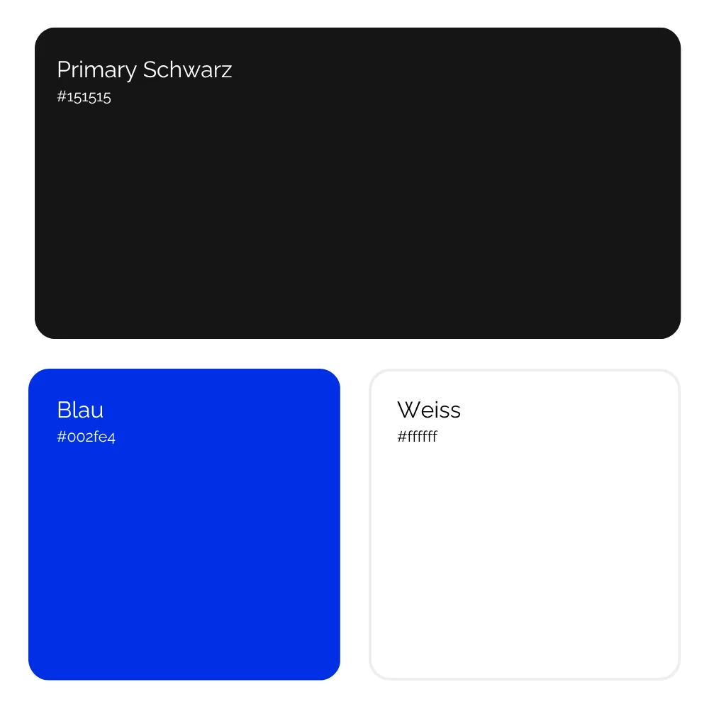 Farbschema mit drei Farben: Oben ein großes schwarzes Feld mit der Beschriftung „Primary Schwarz“ und dem Hex-Code #151515. Darunter links ein blaues Feld mit „Blau“ (#002fe4) und rechts ein weißes Feld mit „Weiss“ (#ffffff).