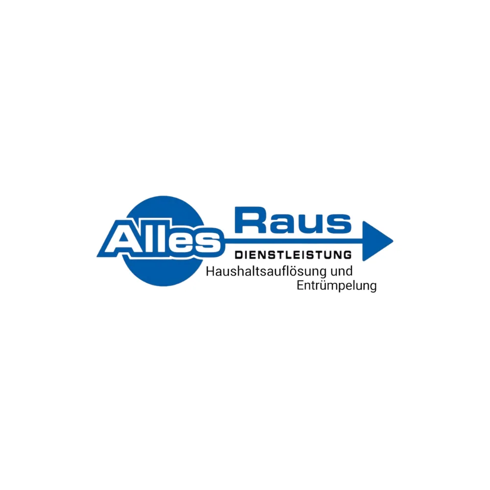 Logo mit dem blauen Schriftzug „Alles Raus“: Das Wort „Alles“ steht fett vor einem blauen Kreis, „Raus“ ist rechts davon mit einem Pfeil nach rechts verbunden. Unterhalb steht „Dienstleistung“ sowie die Beschreibung „Haushaltsauflösung und Entrümpelung“.