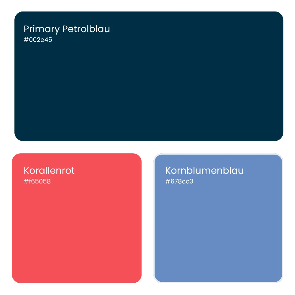 Farbschema mit Petrolblau (#002e45) als Primärfarbe sowie Korallenrot (#f65058) und Kornblumenblau (#678cc3) – modernes Corporate Design Farbkonzept für Handwerker- und Malerbetriebe.
