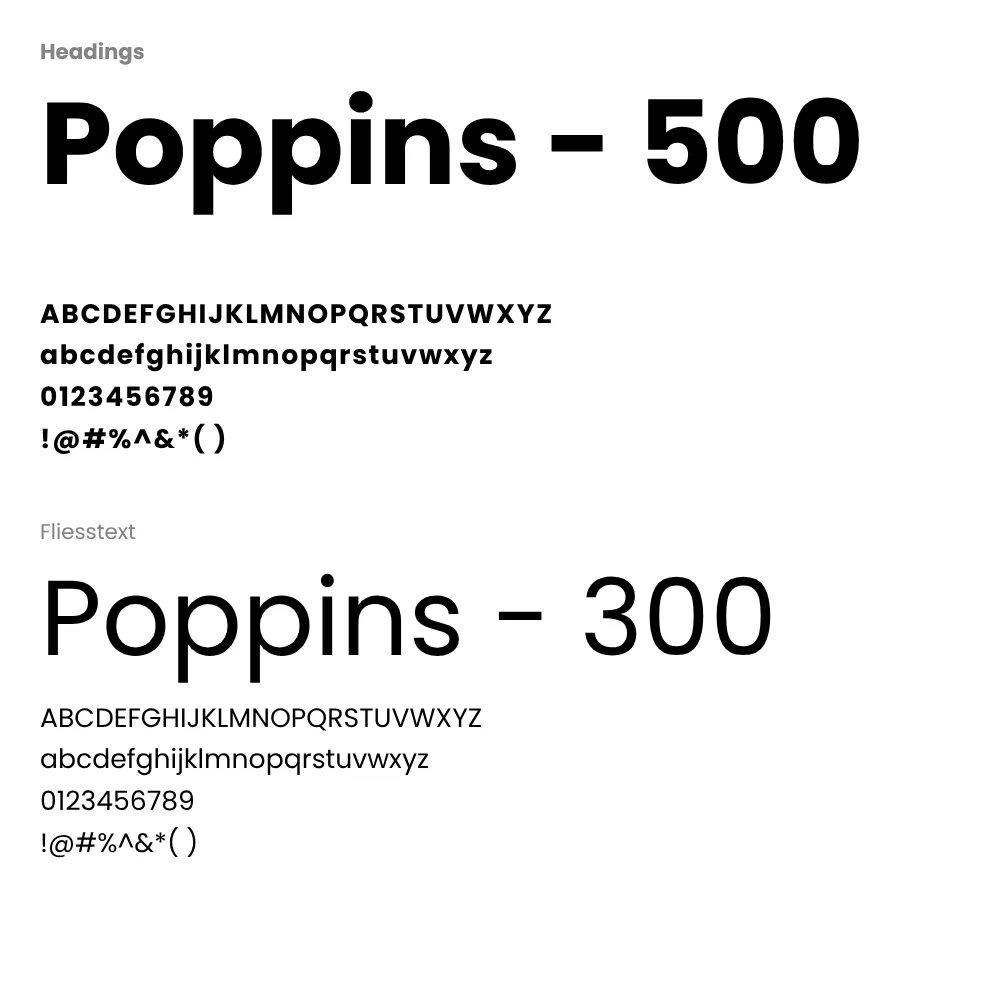 Typografie-Übersicht der Schriftart Poppins: Überschriften in Poppins Medium 500 und Fließtext in Poppins Light 300, inklusive Groß- und Kleinbuchstaben, Zahlen und Sonderzeichen
