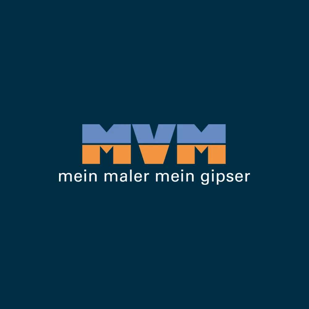 MVM Logo mit dem Schriftzug ‚mein maler mein gipser‘ in Blau und Orange auf dunkelblauem Hintergrund – modernes Markenlogo für Maler- und Gipserbetrieb.