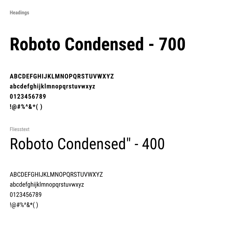 Eine Typografie-Übersicht mit zwei Schriftstilen der Schriftart „Roboto Condensed“. Oben steht der Abschnitt „Headings“ mit der fett gesetzten Schrift „Roboto Condensed – 700“, darunter werden Großbuchstaben, Kleinbuchstaben, Zahlen und Sonderzeichen in diesem Schriftschnitt gezeigt. Weiter unten folgt der Abschnitt „Fliessstext“ mit der regulären Schrift „Roboto Condensed – 400“, ebenfalls mit Beispielzeilen aus Groß- und Kleinbuchstaben, Zahlen und Sonderzeichen.