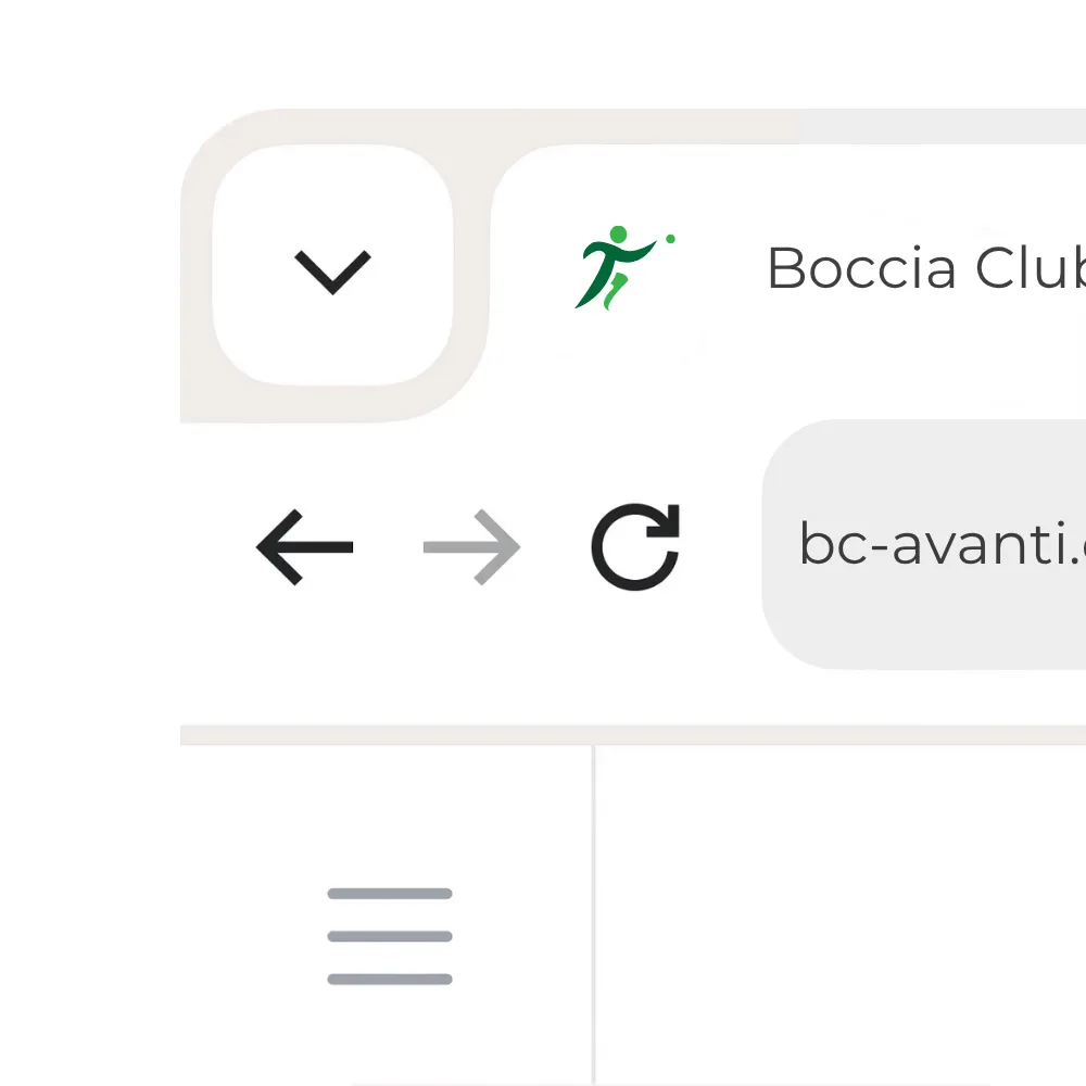 Ein Screenshot eines Browserfensters in mobiler Ansicht. Oben links befindet sich ein abgerundeter Button mit einem nach unten gerichteten Pfeil. Rechts daneben ist ein kleines grünes Logo mit einer stilisierten Boccia-Spielerfigur zu sehen, gefolgt vom Seitentitel „Boccia Club…“. Darunter stehen die Navigationssymbole für Zurück, Weiter und Aktualisieren. Rechts daneben befindet sich ein graues Eingabefeld mit der URL-Eingabe „bc-avanti…“. Unten ist ein Hamburger-Menü-Symbol erkennbar.