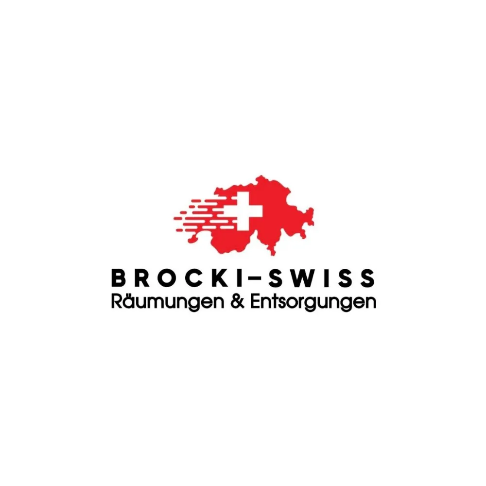 Ein Logo mit einer roten, stilisierten Karte der Schweiz. Auf der Kartenform ist ein weißes Kreuz platziert, links davon verlaufen horizontale Linien, die einen dynamischen Effekt erzeugen. Unter der Grafik steht der Schriftzug „BROCKI-SWISS“ in schwarzer, markanter Schrift. Darunter befindet sich in kleinerer Schrift die Zeile „Räumungen & Entsorgungen“.