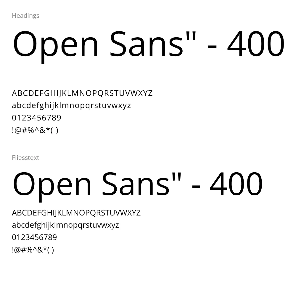 Typografie-Übersicht mit der Schriftart „Open Sans“ in der Stärke 400. Oben steht der Bereich „Headings“ mit einer großen Beispielüberschrift sowie Groß- und Kleinbuchstaben, Zahlen und Sonderzeichen. Darunter folgt derselbe Aufbau unter dem Titel „Fliesstext“, ebenfalls in „Open Sans“ Regular 400.