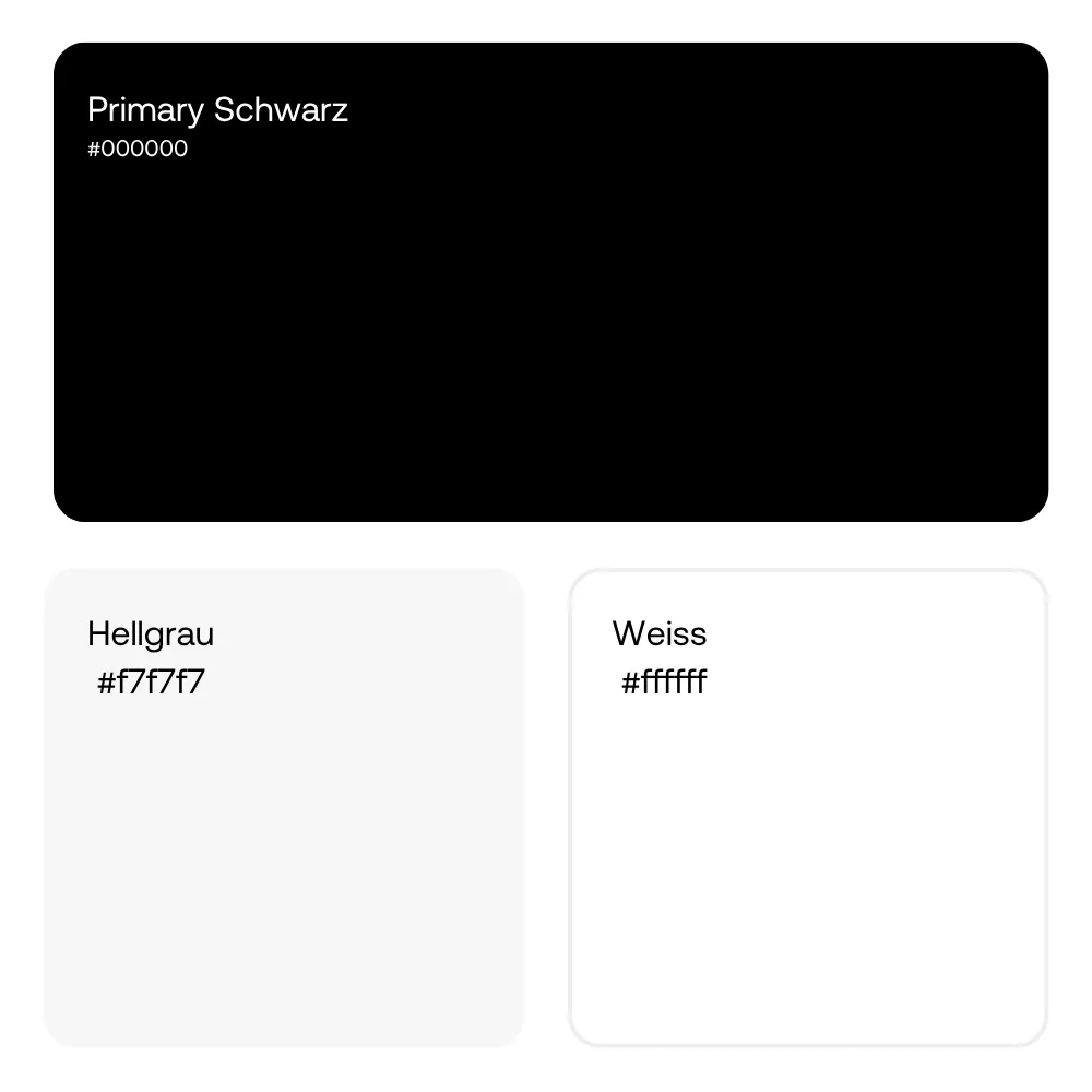 Farbschema mit drei Farben: Oben ein großes schwarzes Rechteck mit der Beschriftung „Primary Schwarz“ und dem Hex-Code #000000. Darunter links ein hellgraues Feld mit dem Text „Hellgrau“ und dem Hex-Code #f7f7f7, daneben rechts ein weißes Feld mit dem Text „Weiss“ und dem Hex-Code #ffffff.